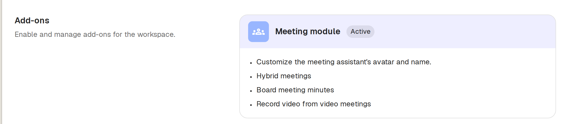 The Add-ons section in workspace settings showing the Meeting module