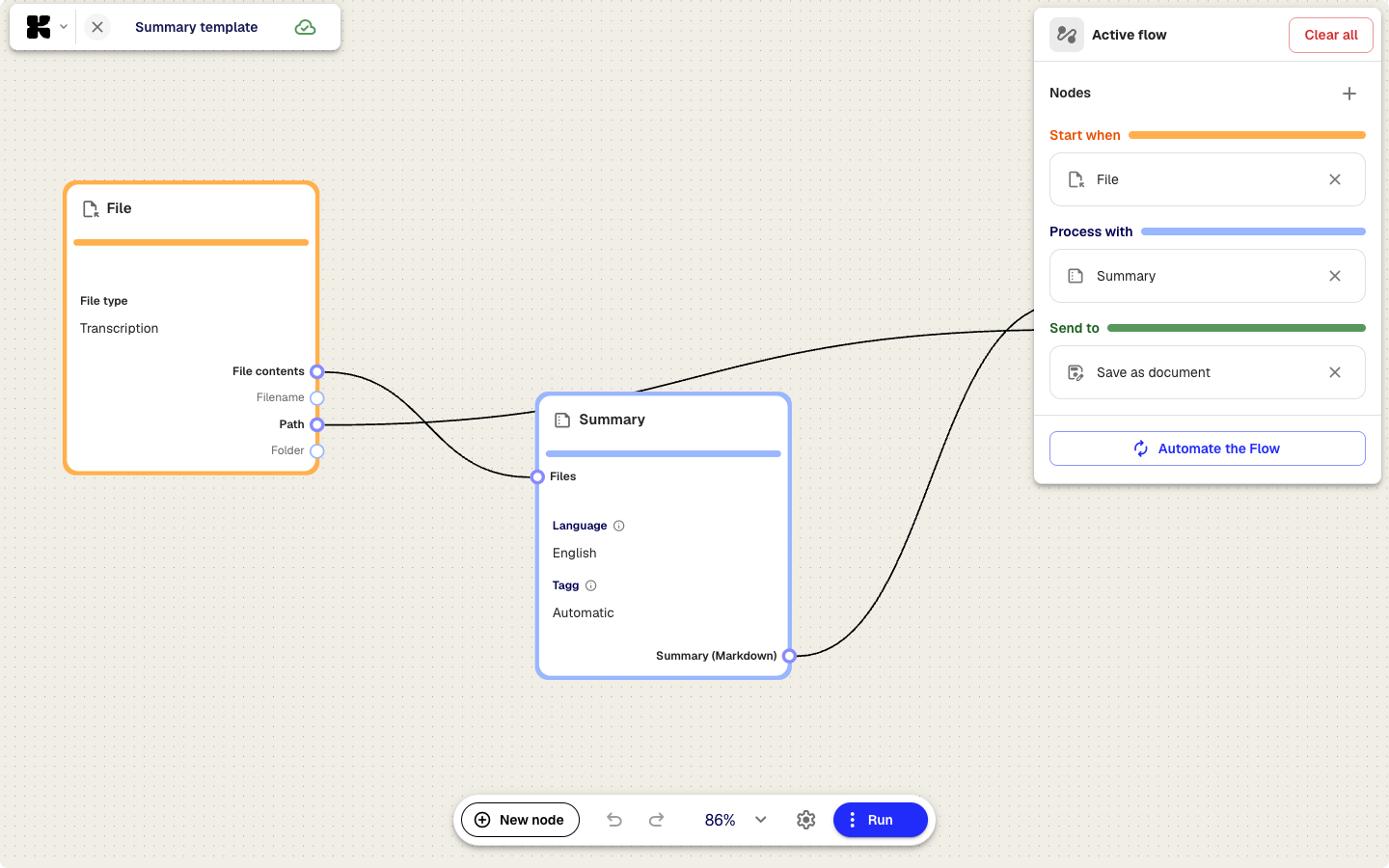 The flow editor with canvas, sidebar, and node settings
