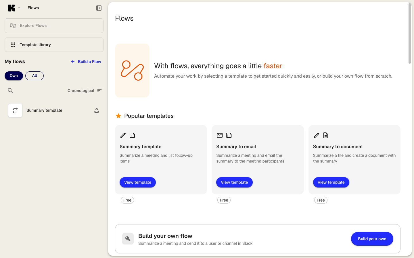 The flows page with templates and a button to create a new flow