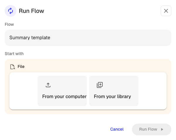 The run flow dialog with a file picker