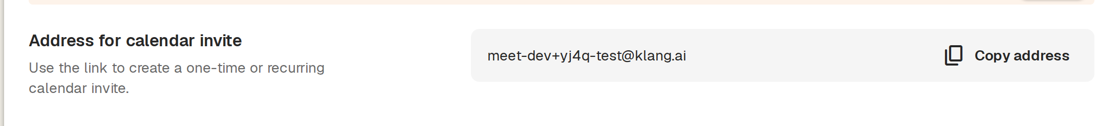 The unique calendar invite address in settings, with a Copy address button