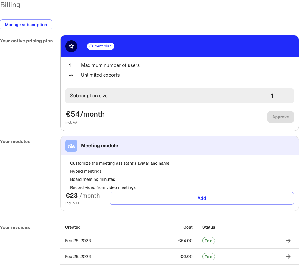 The billing page showing your active plan and the Manage subscription button