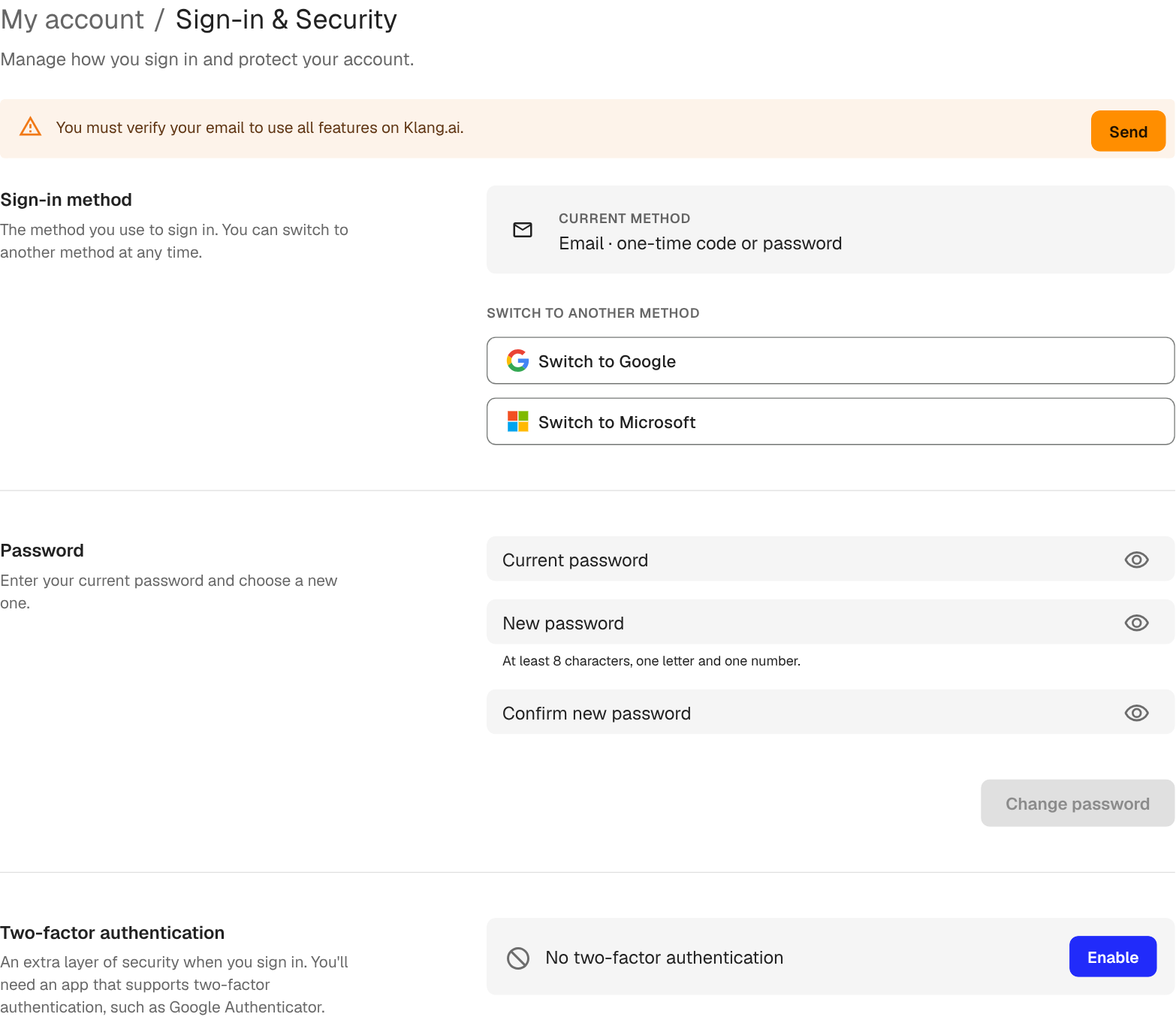 The Sign-in & Security page with the current method, switch buttons, and password fields