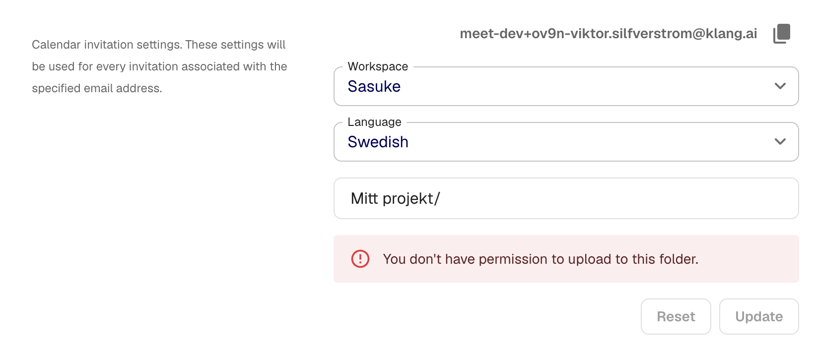Calendar invitation settings with email address and language options