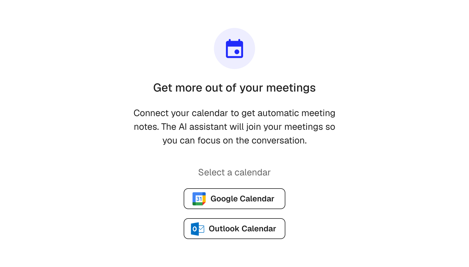 Calendar setup showing Google and Outlook options
