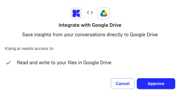The connection dialog showing the permissions Klang needs