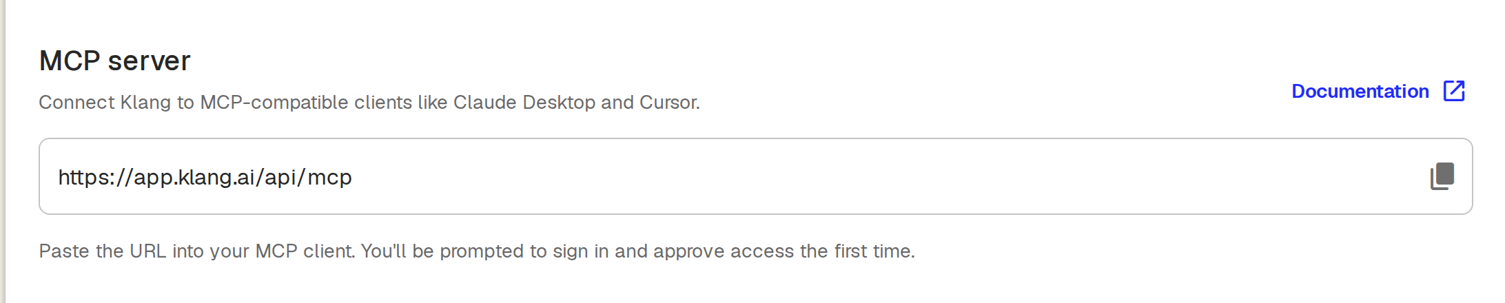 The MCP server URL in Klang settings, with a copy button