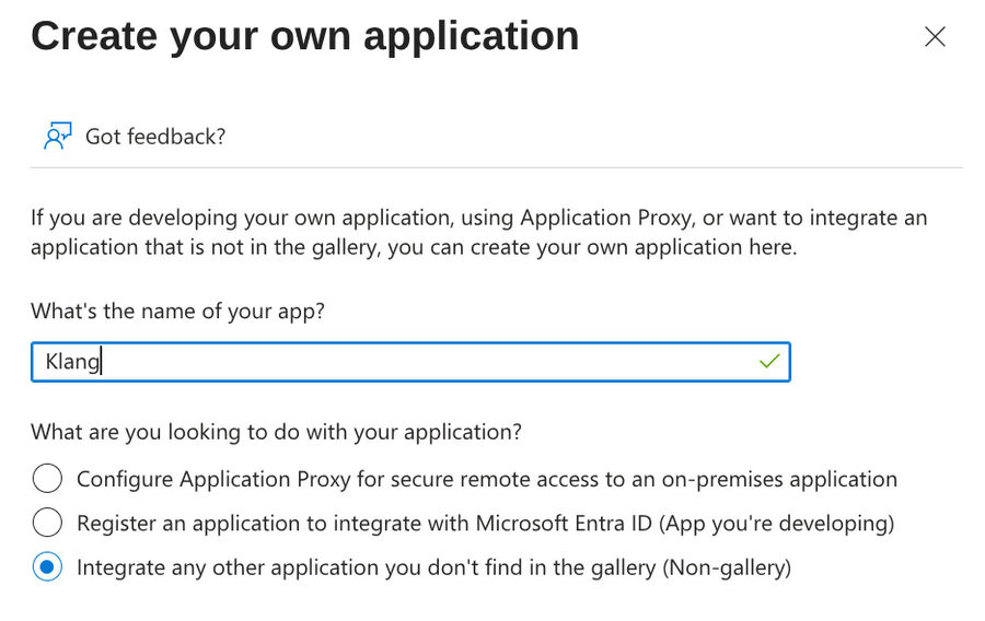名前にKlangを入力し、non-galleryオプションを選択したEntraのCreate your own applicationパネル