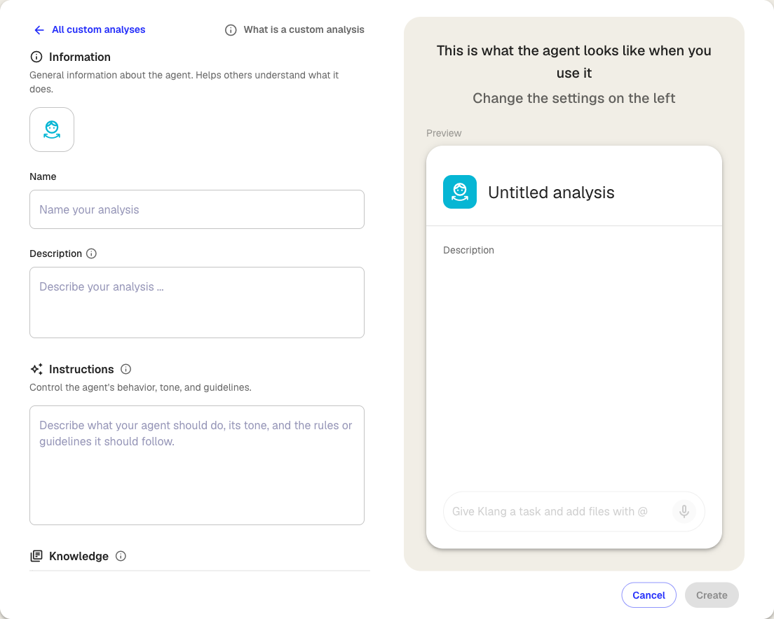 The custom analysis editor showing Information, Instructions, Knowledge, and Prompts sections
