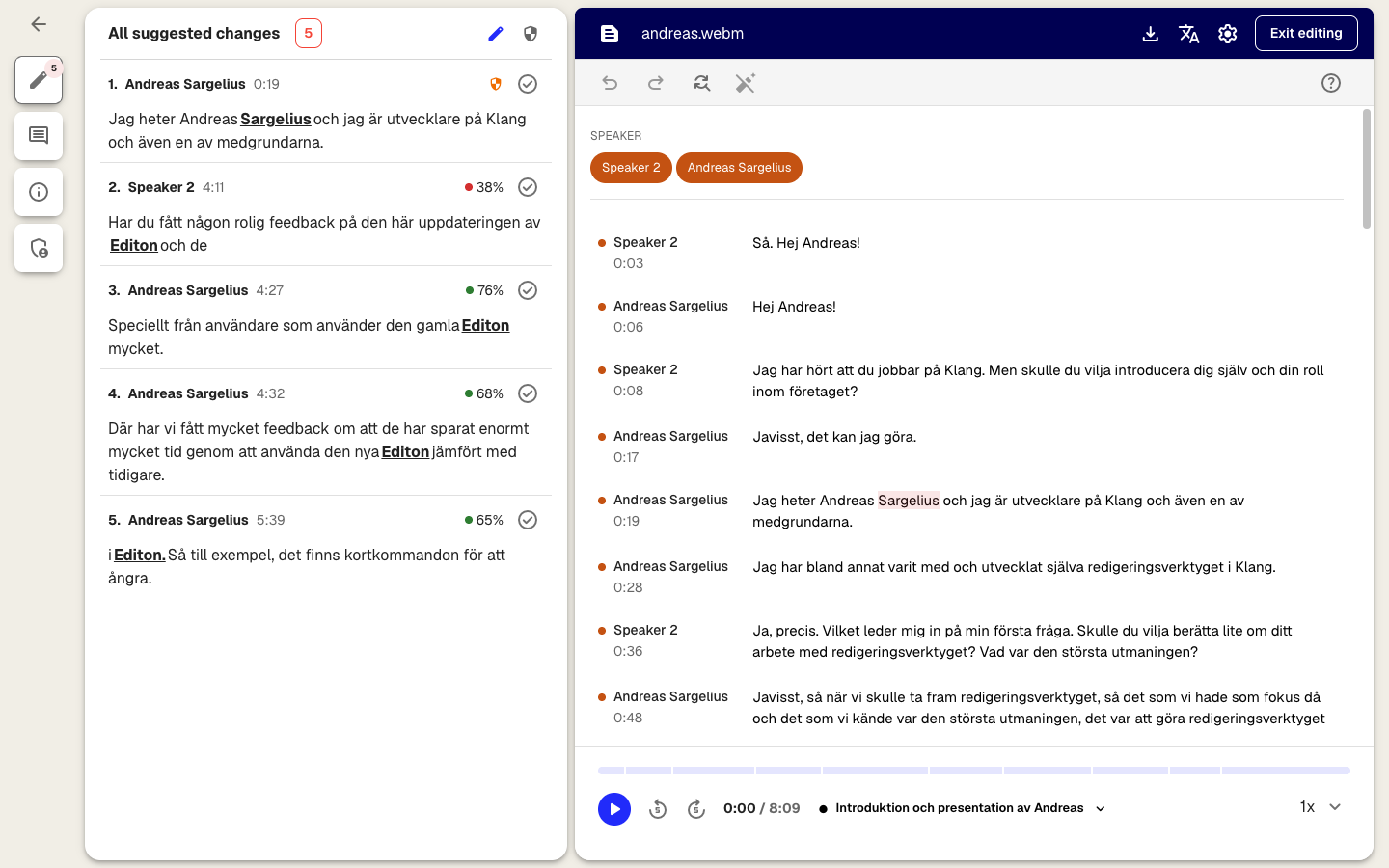 The suggested changes panel listing five flagged segments with confidence percentages