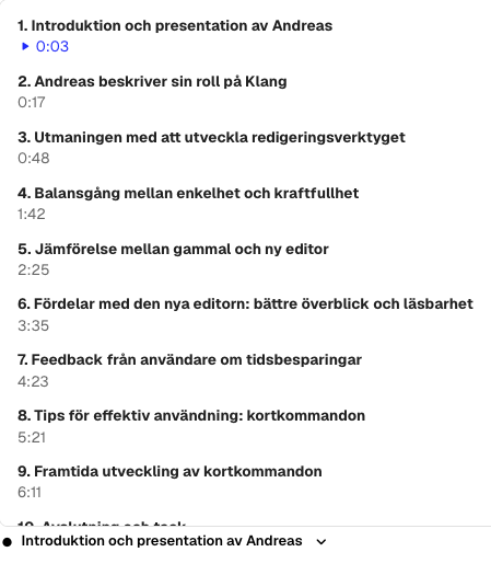 The topics menu open over the audio player, showing a numbered list with timestamps
