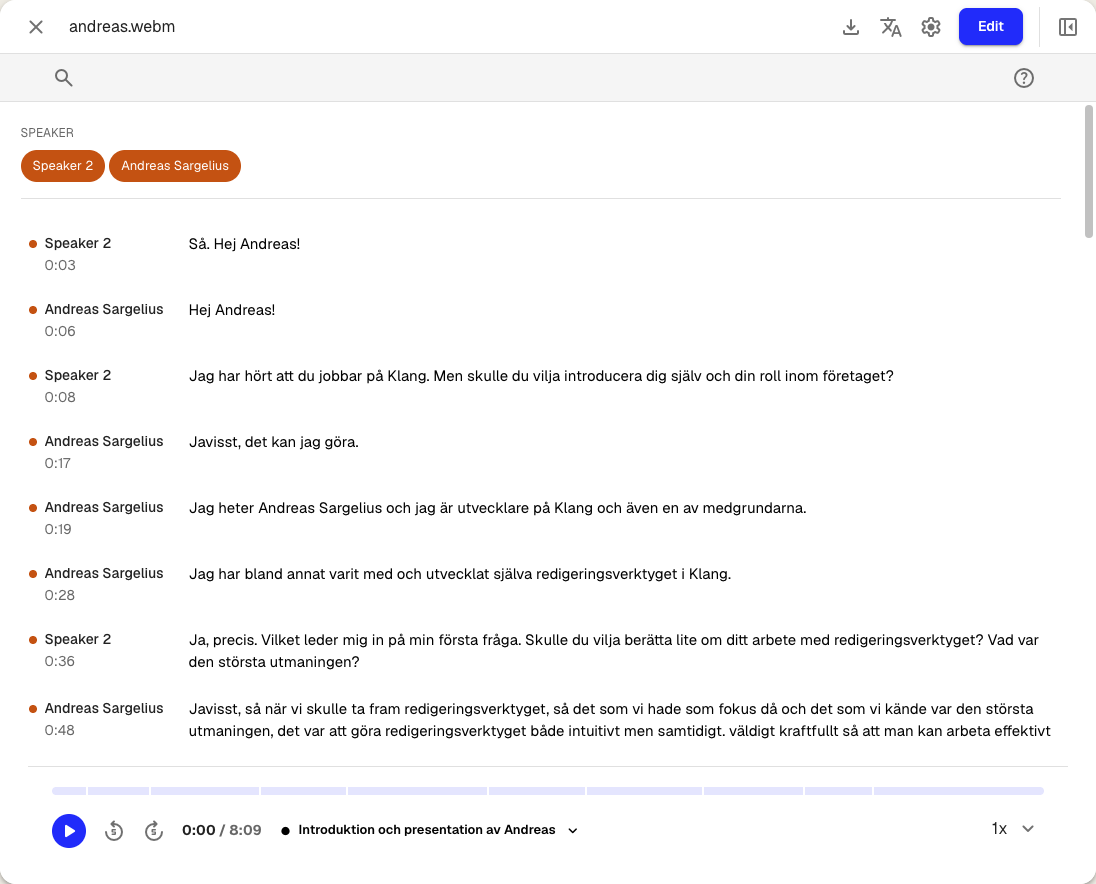 The transcript with a segment highlighted and the audio player active at the bottom