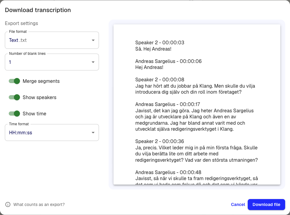 The export dialog showing format options, toggles for speakers and timestamps, and a preview of the exported text