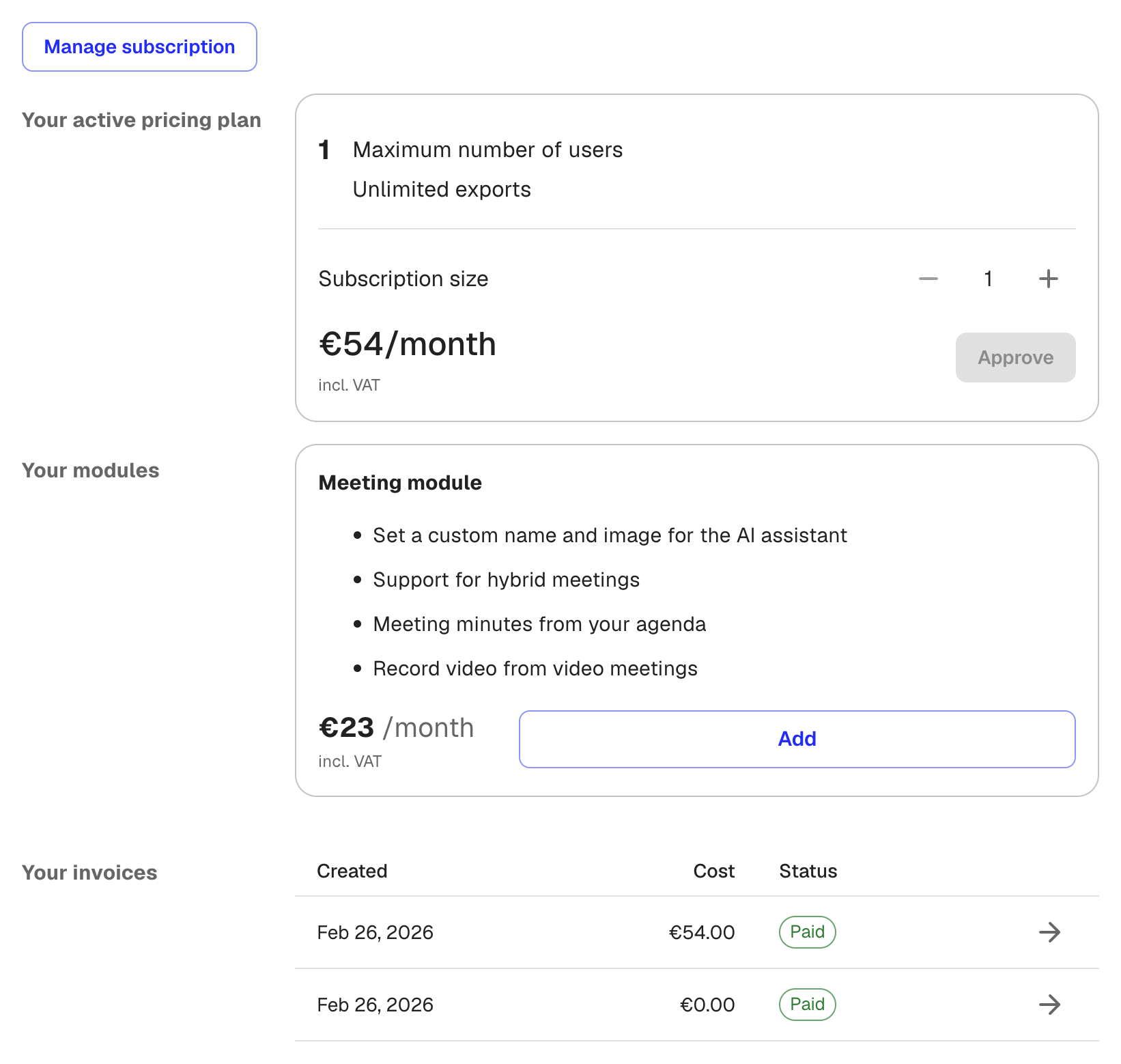 The Klang billing page showing your plan, modules, and invoice history