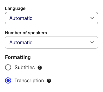 Advanced settings showing language, number of speakers, and formatting options