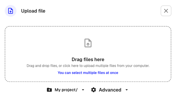 The upload dialog with a drag-and-drop area, folder picker, and advanced settings button