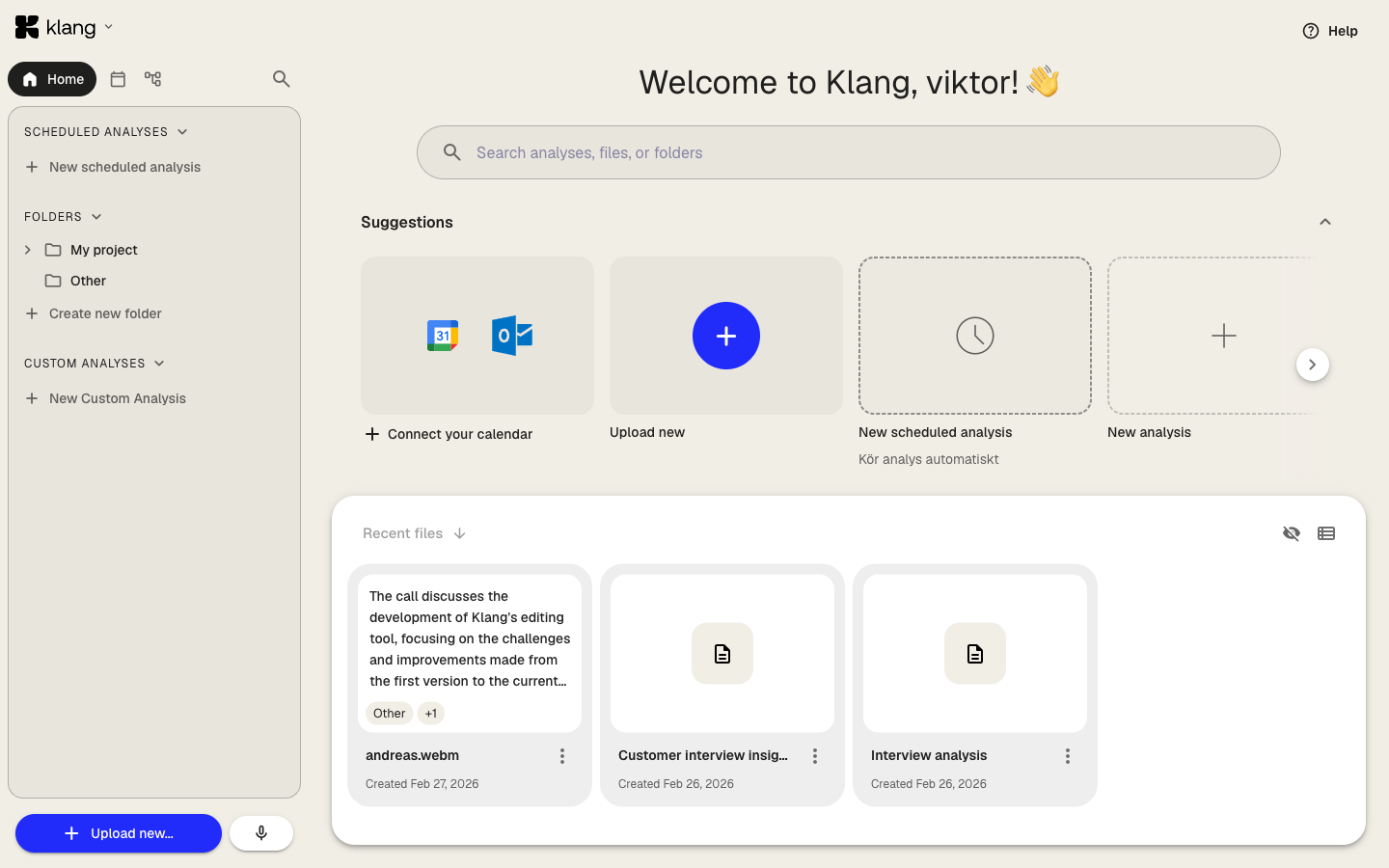 The Klang home screen with welcome message, search bar, and recent analyses