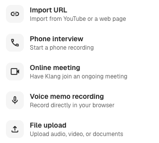 The upload menu showing all content options