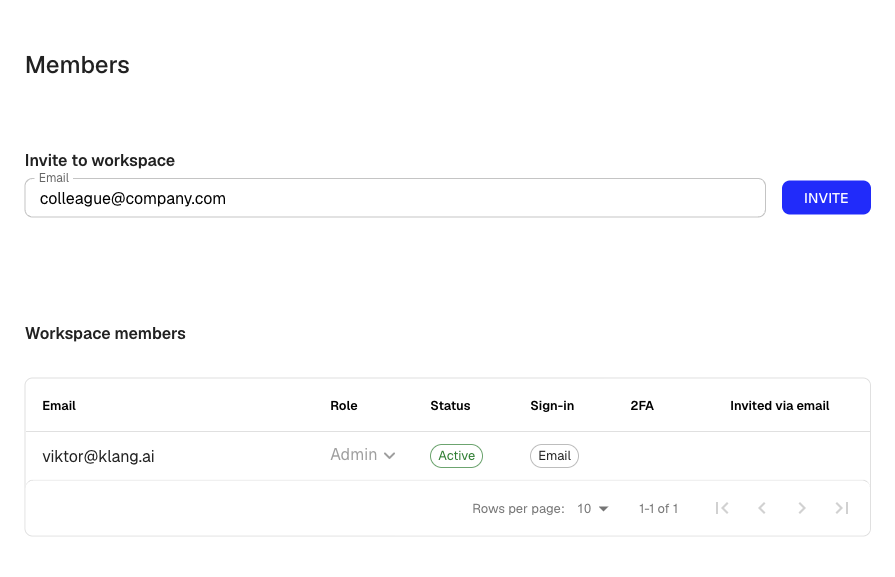 The members page showing the invite field and the workspace member list