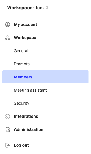 The settings sidebar with Members selected under Workspace