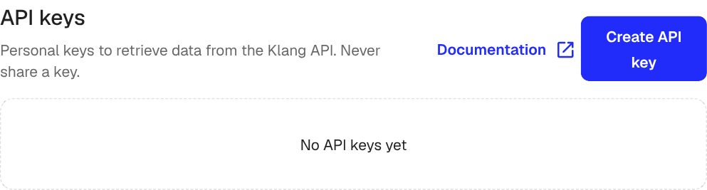 The empty API keys page with the Create API key button