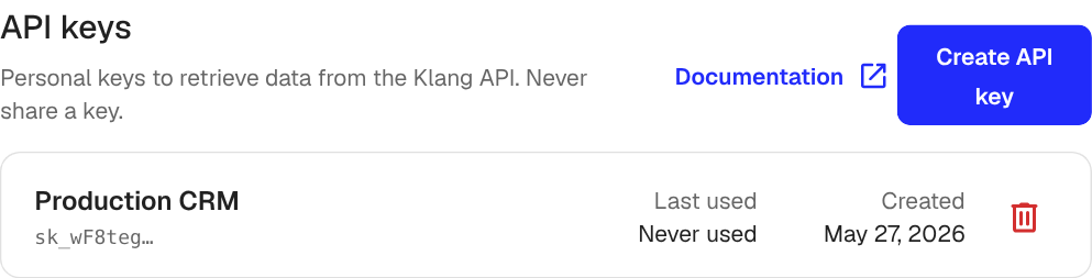 The API keys list with one key, its prefix, last used time, and created date