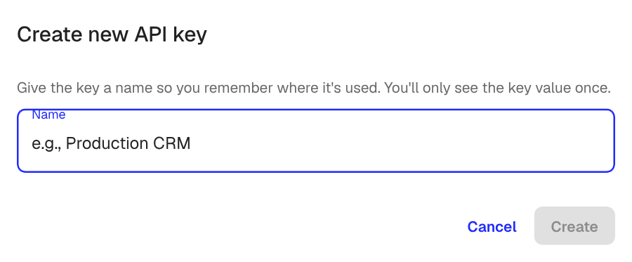 The Create new API key dialog with a Name field