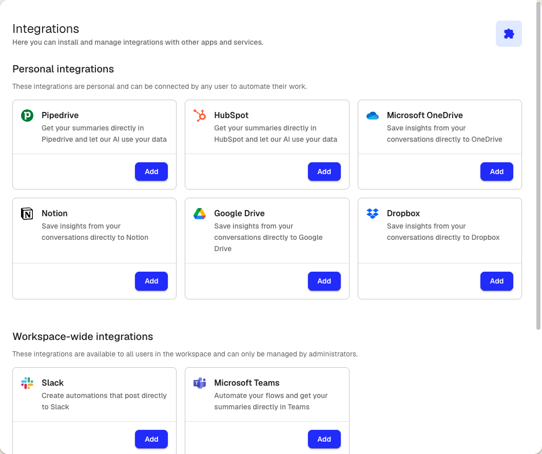 The integrations page showing personal and workspace integrations
