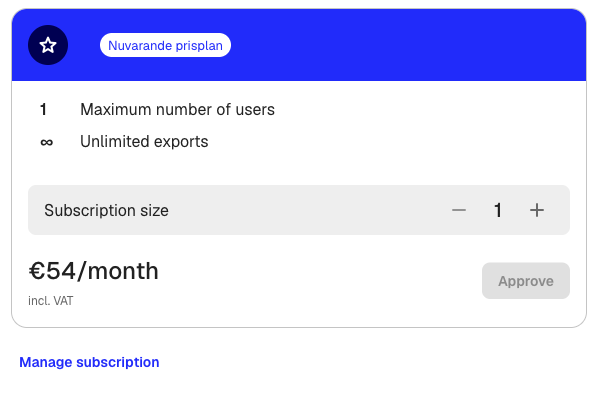 The active plan card showing subscription size controls, price, and a link to manage the subscription