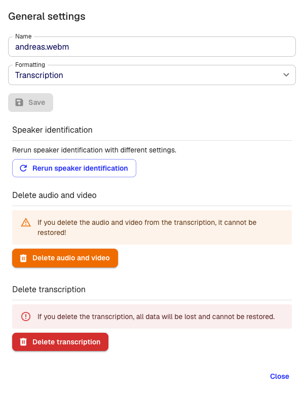 The settings dialog showing the Rerun speaker identification option