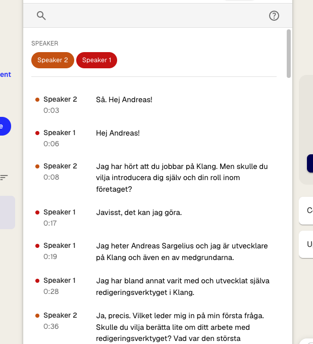 Transcript view showing speaker filter chips at the top and transcript segments with speaker names and timestamps