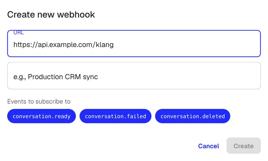 The Create webhook dialog with URL, description, and event selection