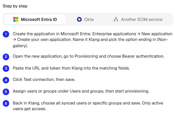 Entra を Klang に接続する手順が順番に表示された Microsoft Entra ID タブ。