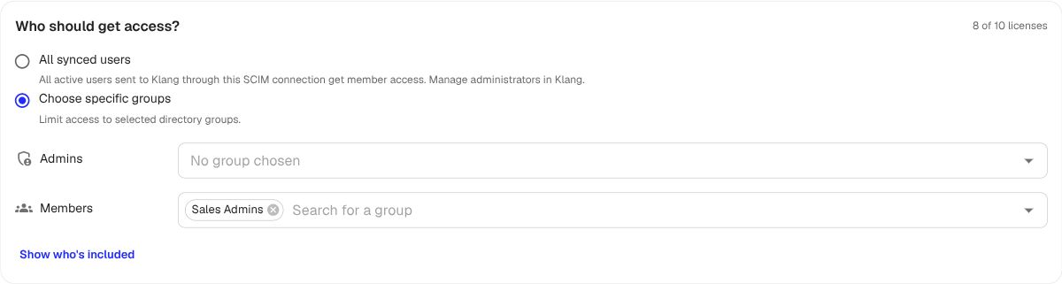 メンバー同期のアクセス設定。同期されたすべてのユーザーまたは特定のグループを選び、管理者とメンバーのグループを個別に指定できます。