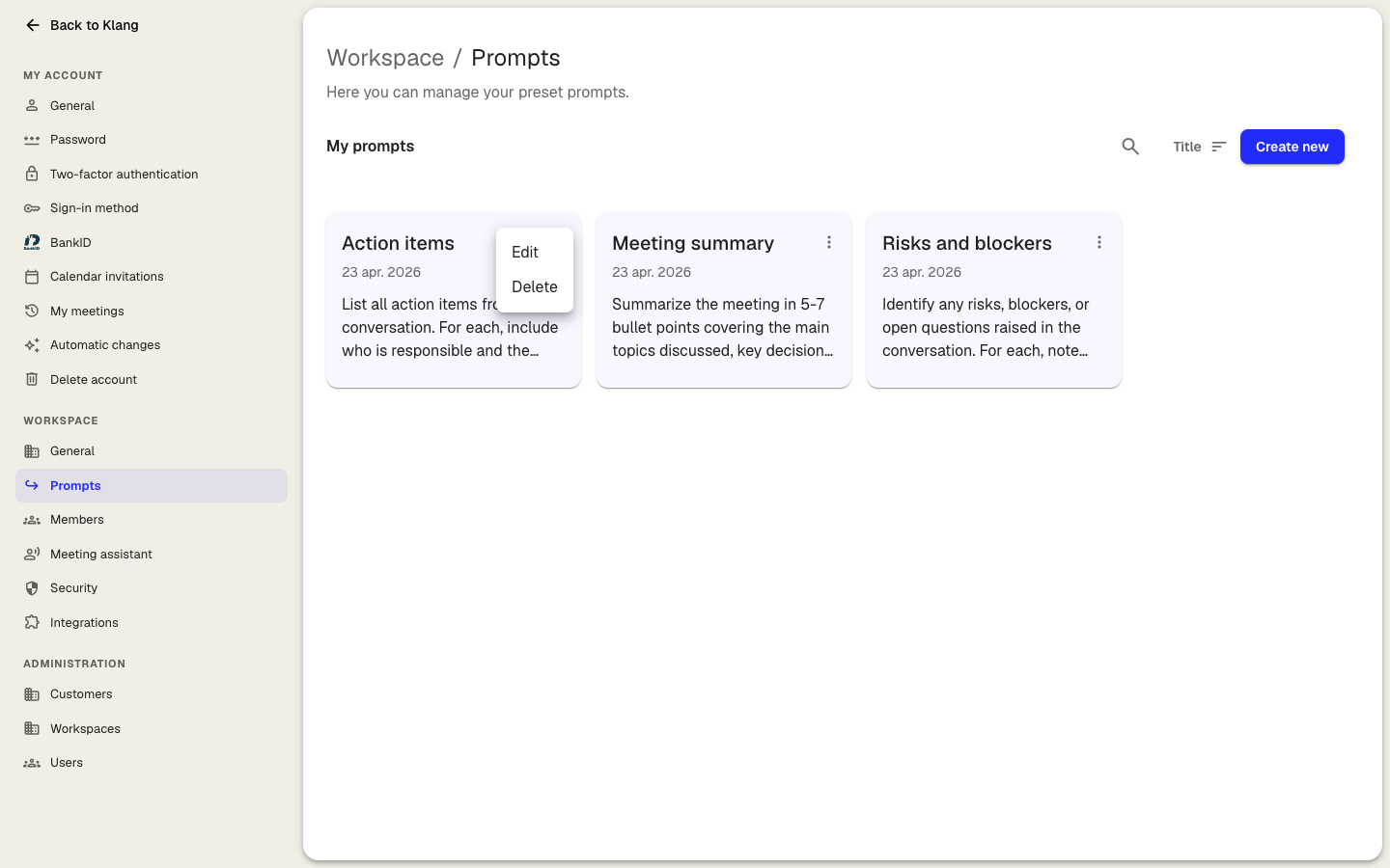 A prompt card with the three-dot menu open showing Edit and Delete options