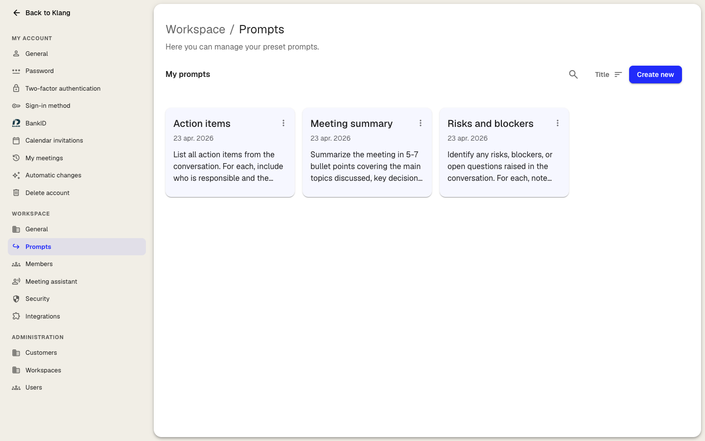 The Prompts settings page with three prompt cards and the Create new button in the top-right