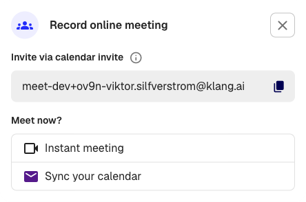The Record online meeting dialog with calendar invite email and instant meeting option