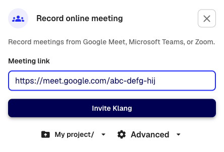 The meeting URL field with a Google Meet link filled in