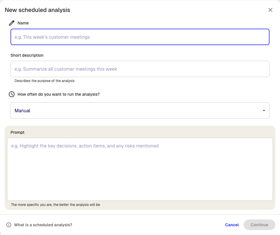 The schedule create dialog showing frequency options and a prompt field