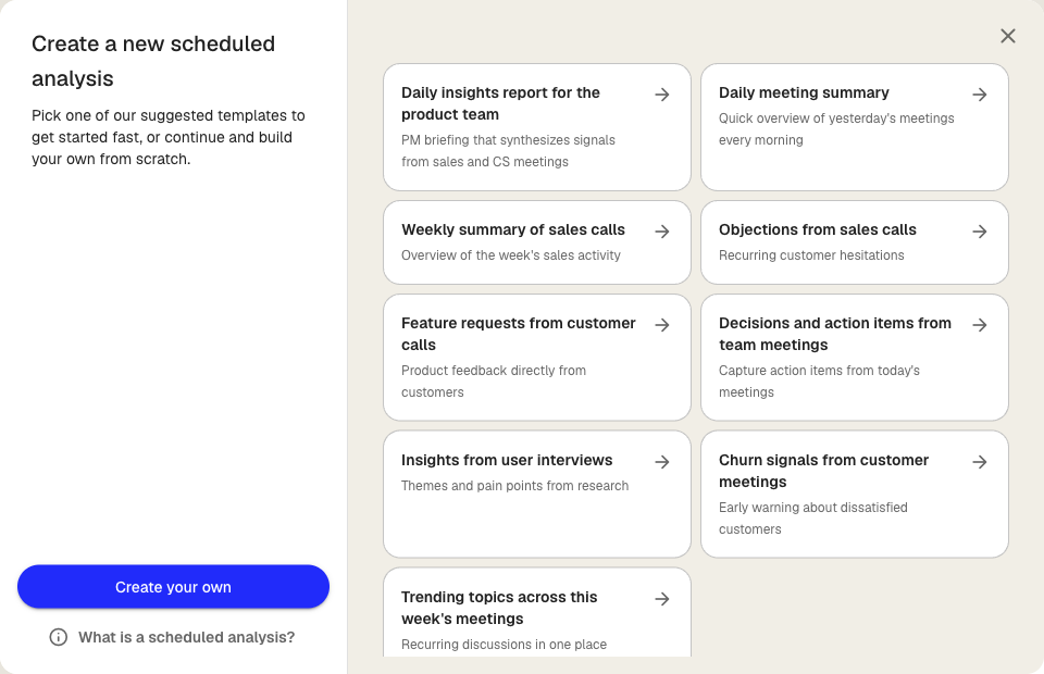 The suggestions dialog with starter templates and a Create your own button
