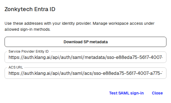 接続の詳細ダイアログ。Service Provider Entity ID、ACS URL、SPメタデータをダウンロードするボタンが表示されている
