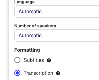 Advanced settings showing language, speaker count, and formatting options