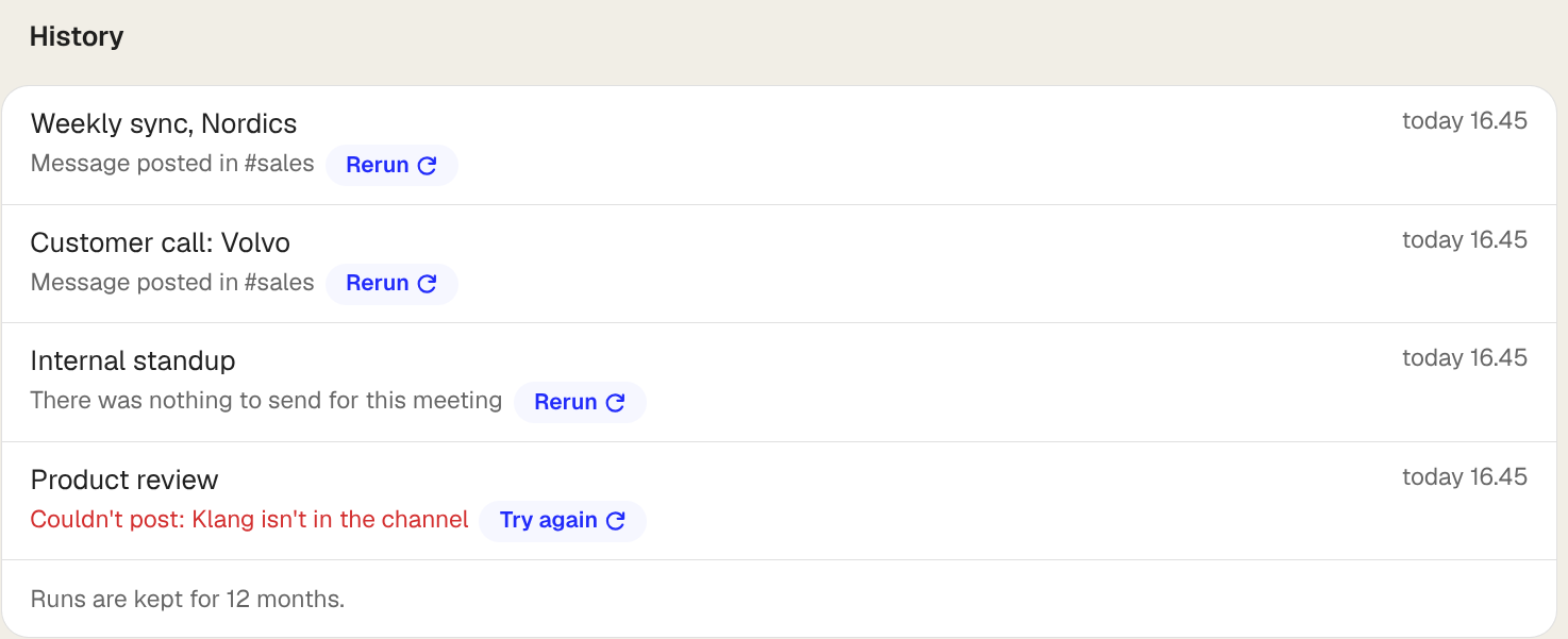 Run history with delivered, skipped and failed runs