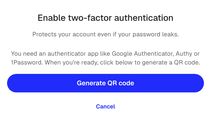 The 2FA setup intro with the Generate QR code button