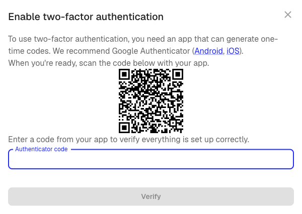 The setup dialog showing a QR code and an input field for the authenticator code