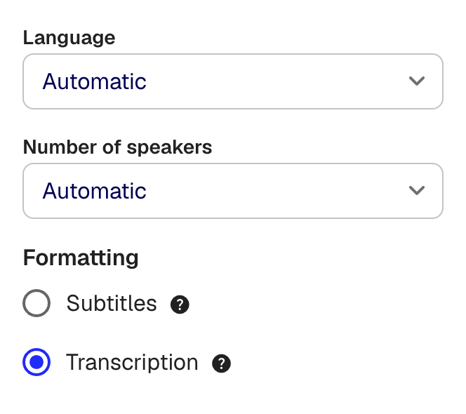 Advanced settings showing language, speaker count, and formatting options