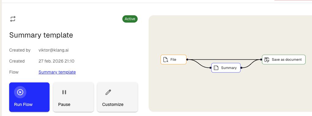 The automation detail page showing Active status with Pause and Customize buttons