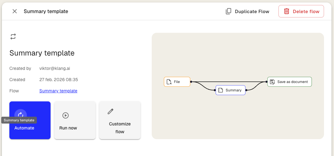 The flow detail page with Automate, Run now, and Customize buttons