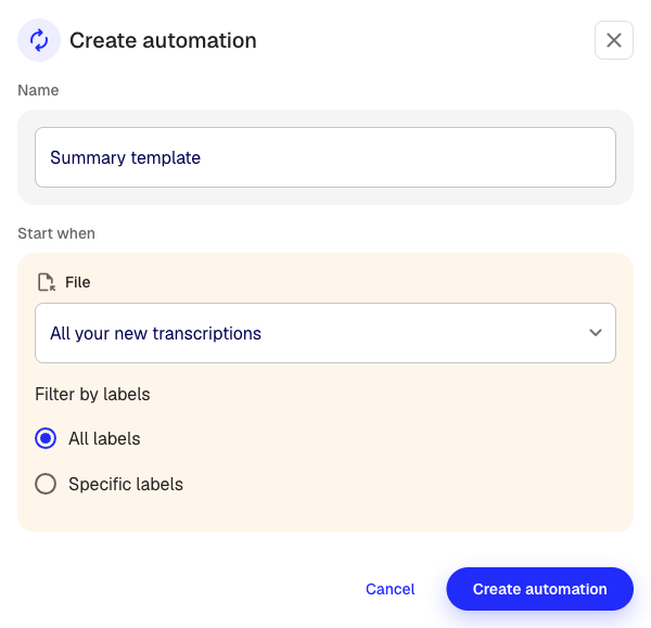 The Create automation dialog with name, trigger scope, and label filter