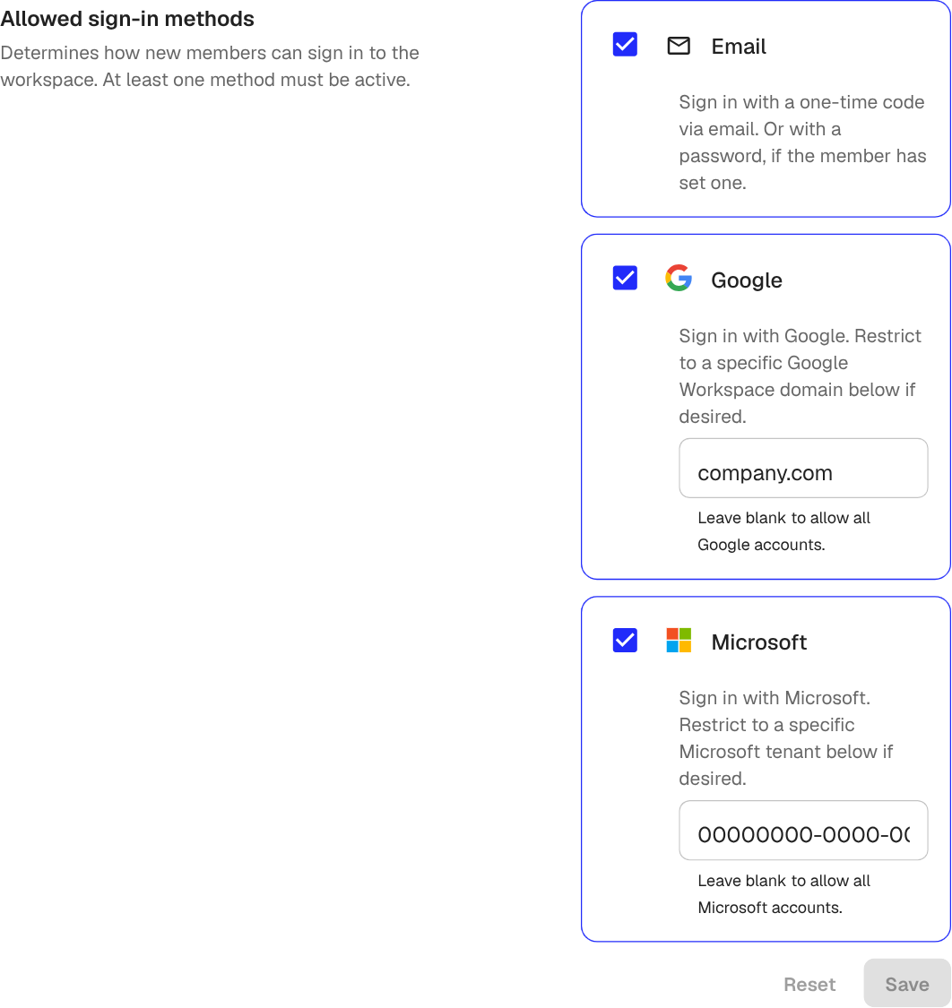 The Allowed sign-in methods section with Email, Google, and Microsoft cards